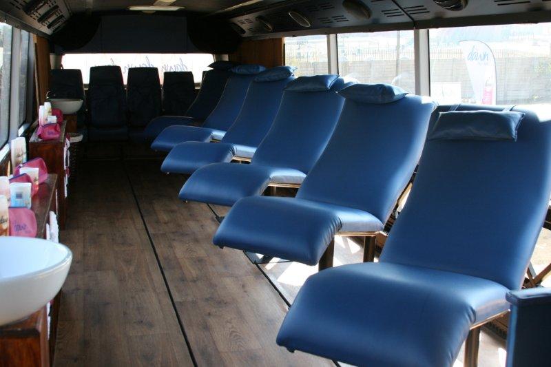 Bus interior converted into a mobile spa for a brand activation