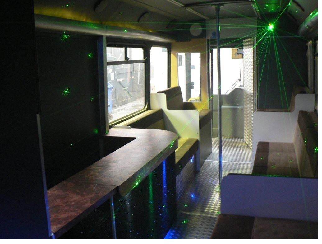 Party bus bar counter and seating in daylight